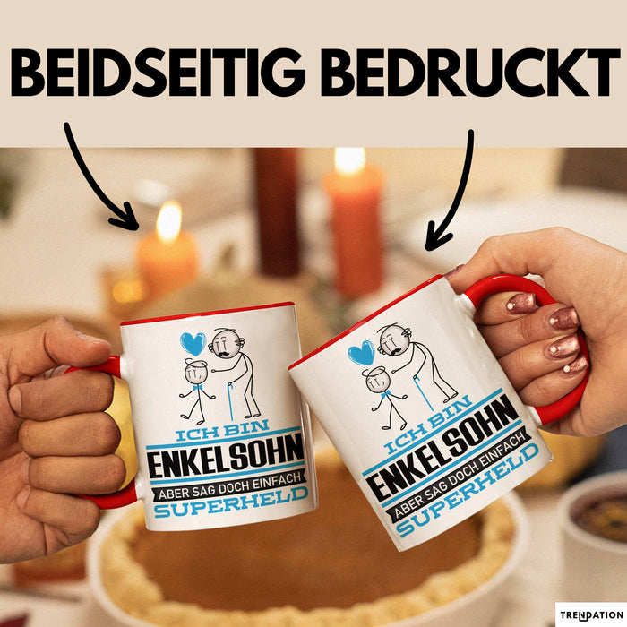Enkelsohn Geschenk Tasse Ich Bin Enkelsohn Aber Sag Doch Einfach Superheld Lustige Geschenkdiee für Enkelsohn Kaffee-Becher Rot Trendation
