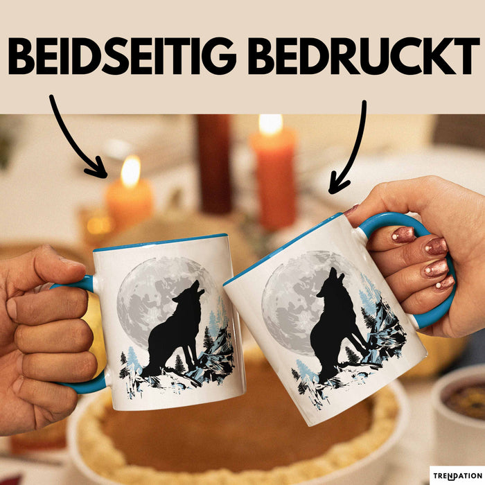 Wolf Tasse Geschenk Heulender Wolf Vollmond Grafik Geschenkidee Blau Trendation