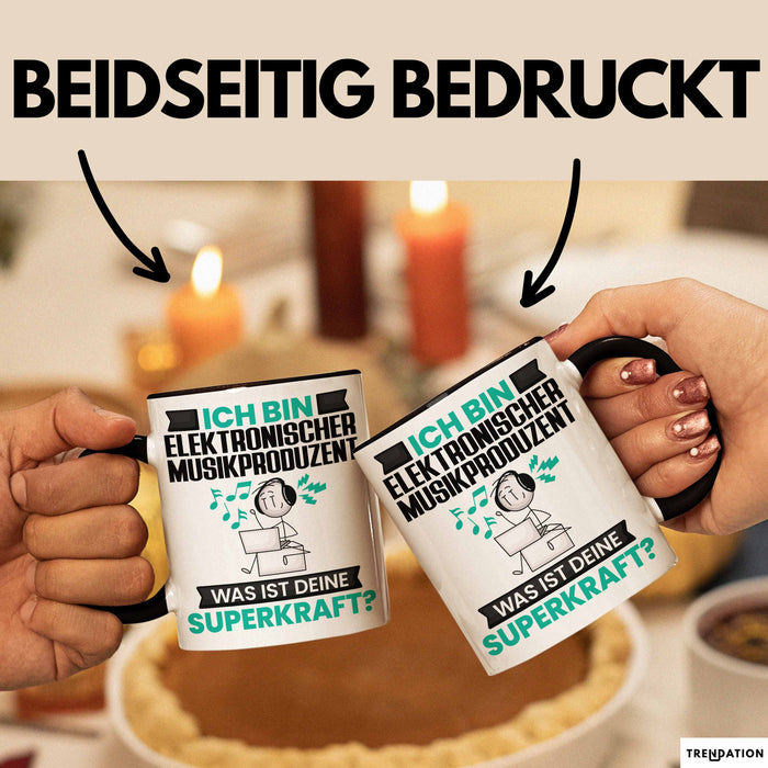 Elektronischer Musikproduzent Tasse Geschenk für Elektronischer Musikproduzent Geburtstag Lustiger Spruch Kaffee-Becher Was Ist Deine Superkraft Schwarz Trendation