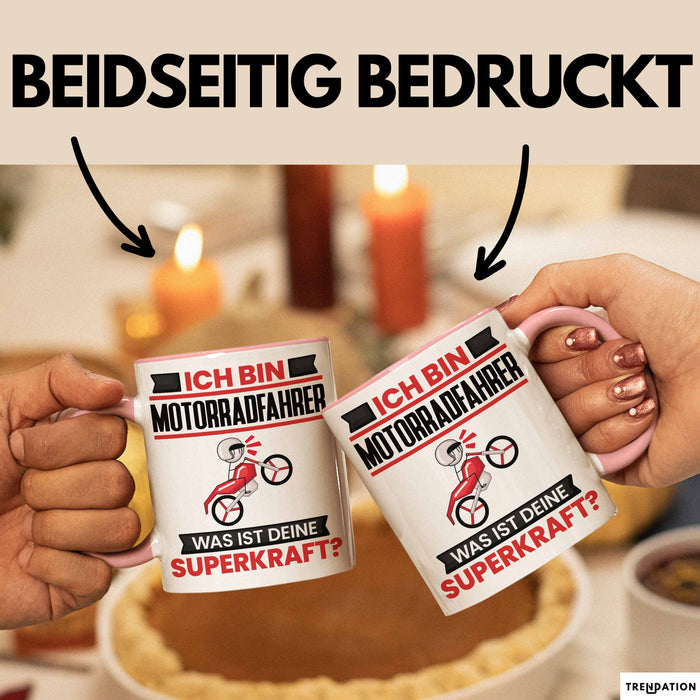 Motorradfahrer Tasse Geschenk für Motorradfahrer Geburtstag Lustiger Spruch Kaffee-Becher Was Ist Deine Superkraft Rosa Trendation