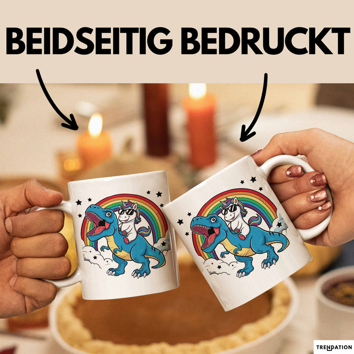 Einhorn Liebhaber Tasse Geschenk Einhorn Reitet Auf Dinosauriere T-Rex Dino Frauen Geschenk Weiß Trendation