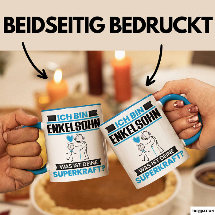 Enkelsohn Tasse Geschenk für Enkelsohn Geburtstag Lustiger Spruch Kaffee-Becher Was Ist Deine Superkraft Blau Trendation