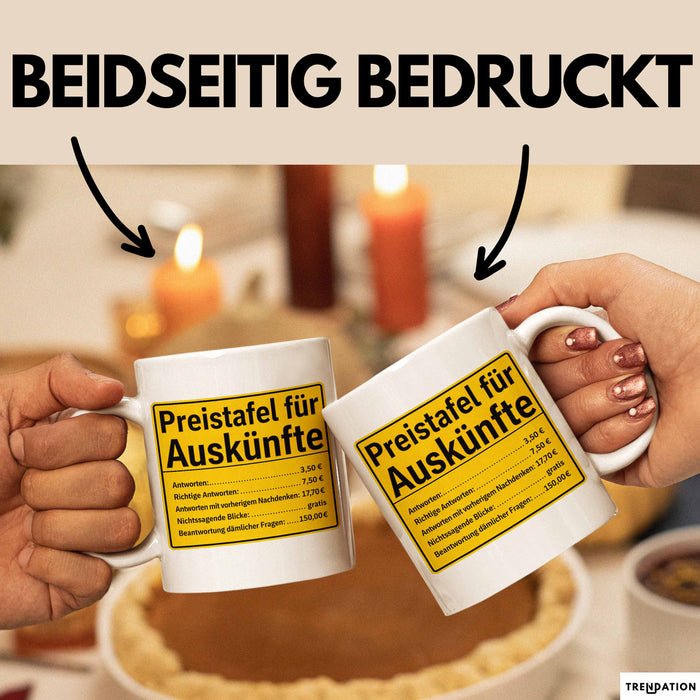 Büroarbeit Kollege Tasse Geschenk Lustige Geschenkidee Spruch Preistafel Für Auskünfte Weiß Trendation