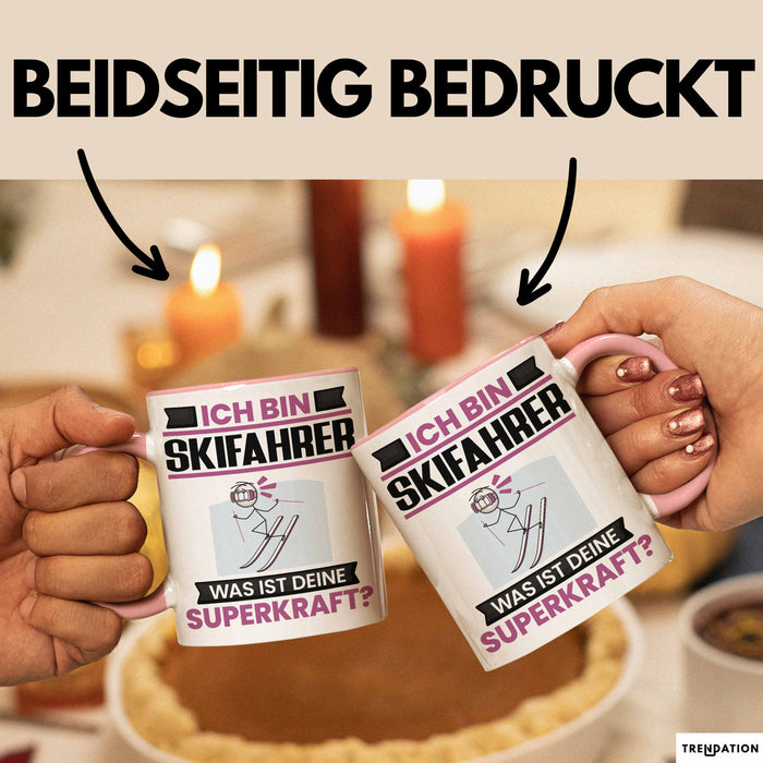 Skifahrer Tasse Geschenk für Skifahrer Geburtstag Lustiger Spruch Kaffee-Becher Was Ist Deine Superkraft Rosa Trendation