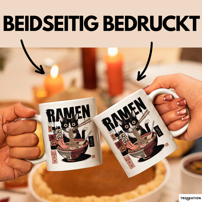 Katzen Tierliebhaber Tasse Geschenk Lustige Geschenkidee Spruch Katze Isst Ramen Nudeln Weiß Trendation