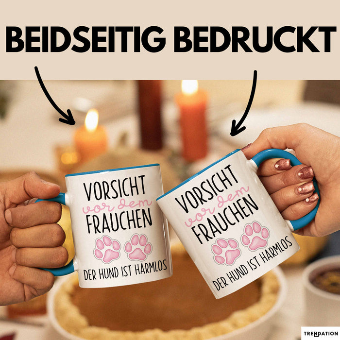 Hundeliebhaber Tasse Geschenk Lustiger Spruch Vorsicht Vor Dem Frauchen Blau Trendation