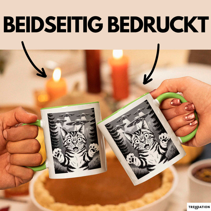 Katzen Tierliebhaber Tasse Geschenk Lustige Geschenkidee Spruch Alien UFO Katze Grün Trendation