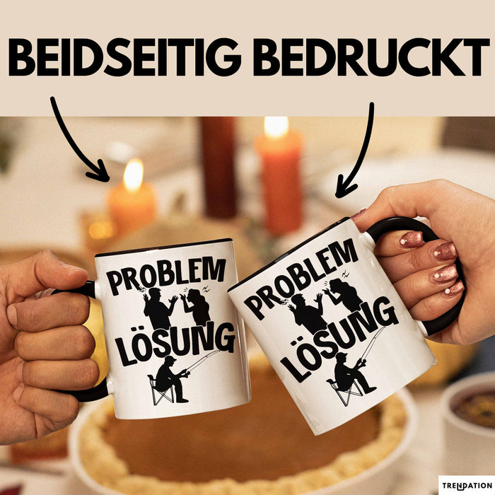 Angler Tasse Geschenk für Fischer Angler Männer Geschenkidee Problem und Lösung Angeln Spruch Schwarz Trendation