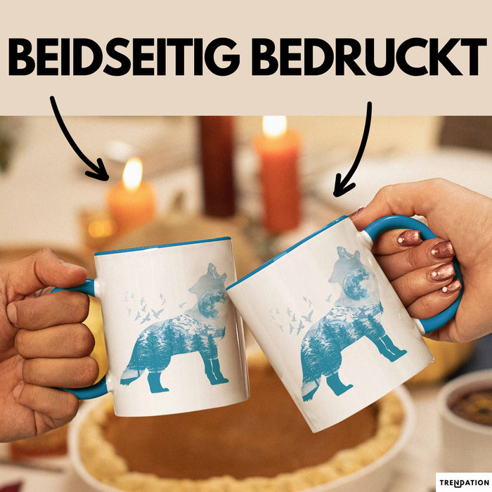 Wolf Tasse Geschenk Heulender Wolf Vögel Mond Silhouetten Geschenkidee Lustig Blau Trendation