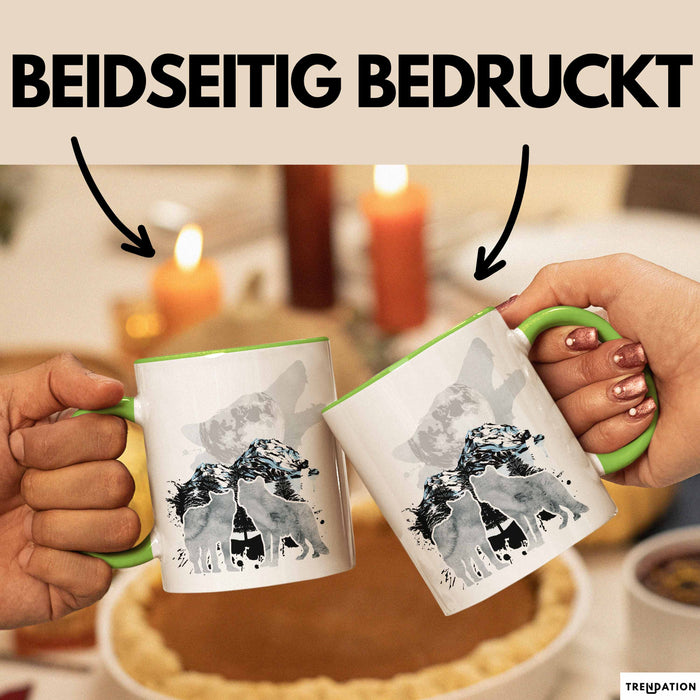 Wolf Tasse Geschenk Heulender Wolf Vögel Mond Silhouetten Geschenkidee Grün Trendation
