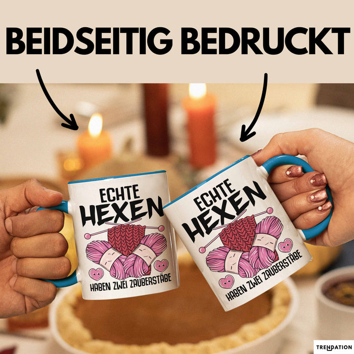 Stricken Tasse Geschenk Echte Hexen Haben Zwei Zauberstäbe Geschenkidee Strickerin Oma Becher Blau Trendation