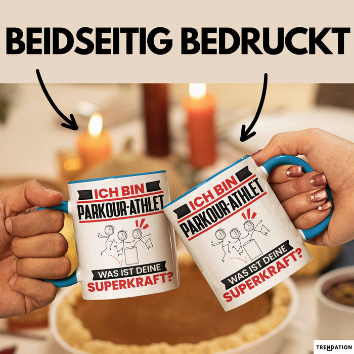 Parkour-Athlet Tasse Geschenk für Parkour-Athlet Geburtstag Lustiger Spruch Kaffee-Becher Was Ist Deine Superkraft Blau Trendation