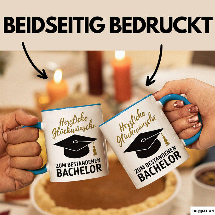 Schüler Abschluss Tasse Geschenk Lustige Geschenkidee Spruch Herzliche Glückwünsche Zum Bestandenen Bachelor Blau Trendation
