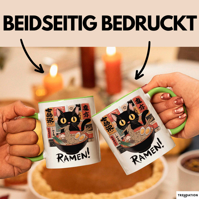 Katzen Tierliebhaber Tasse Geschenk Lustige Geschenkidee Spruch Katze Isst Ramen Nudeln Grün Trendation