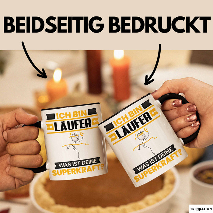 Läufer Tasse Geschenk für Läufer Geburtstag Lustiger Spruch Kaffee-Becher Was Ist Deine Superkraft Schwarz Trendation