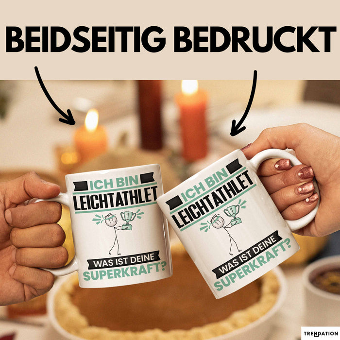 Leichtathlet Tasse Geschenk für Leichtathlet Geburtstag Lustiger Spruch Kaffee-Becher Was Ist Deine Superkraft Weiß Trendation