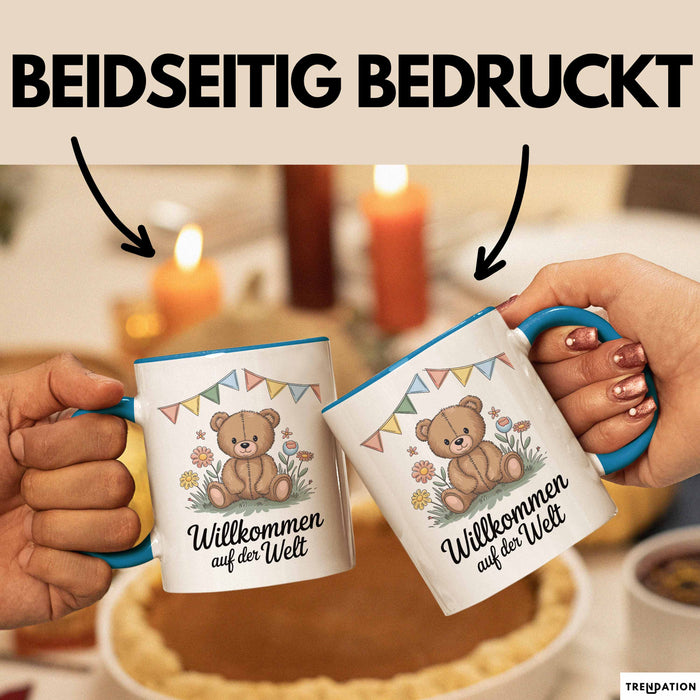 Baby Geburt Neue Eltern Tasse Geschenk Lustige Geschenkidee Spruch Willkommen Auf Der Welt Blau Trendation