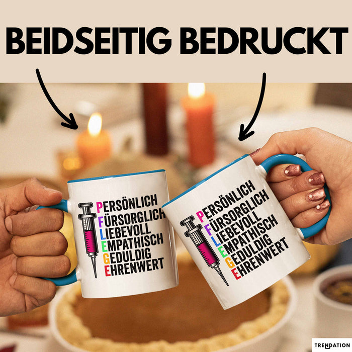 Krankenschwester Pflege Betreuung Tasse Geschenk Lustige Geschenkidee Spruch Pflege Blau Trendation