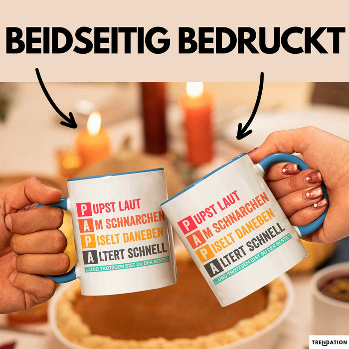Papa Vatertag Tasse Geschenk Lustige Geschenkidee Spruch Pupst Laut Am Schnarchen Pisel Daneben Blau Trendation