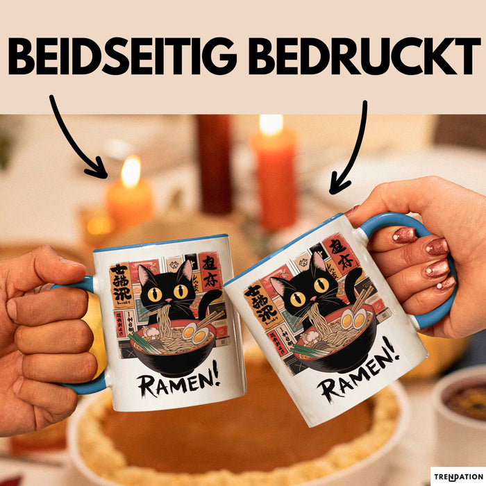 Katzen Tierliebhaber Tasse Geschenk Lustige Geschenkidee Spruch Katze Isst Ramen Nudeln Blau Trendation