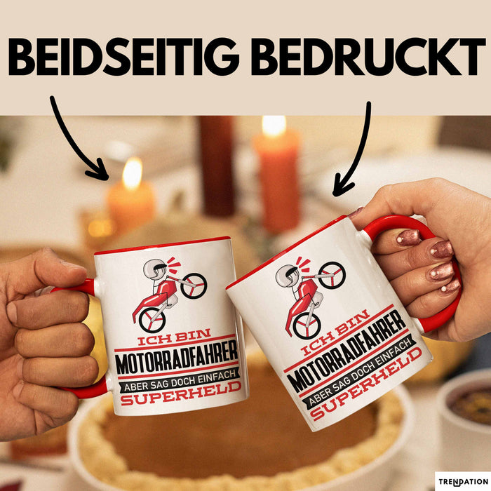Motorradfahrer Geschenk Tasse Ich Bin Motorradfahrer Aber Sag Doch Einfach Superheld Lustige Geschenkdiee für Motorradfahrer Kaffee-Becher Rot Trendation