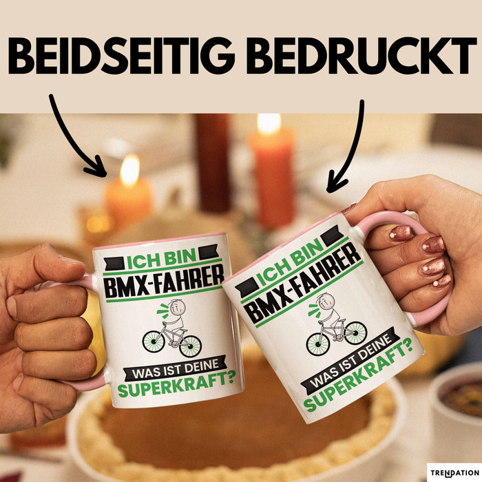 BMX-Fahrer Tasse Geschenk für BMX-Fahrer Geburtstag Lustiger Spruch Kaffee-Becher Was Ist Deine Superkraft Rosa Trendation