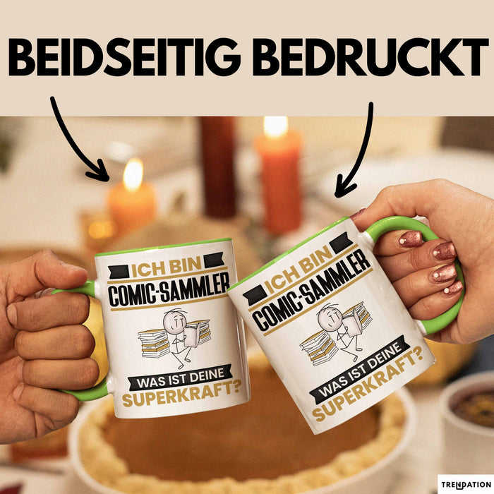 Comic-Sammler Tasse Geschenk für Comic-Sammler Geburtstag Lustiger Spruch Kaffee-Becher Was Ist Deine Superkraft Grün Trendation