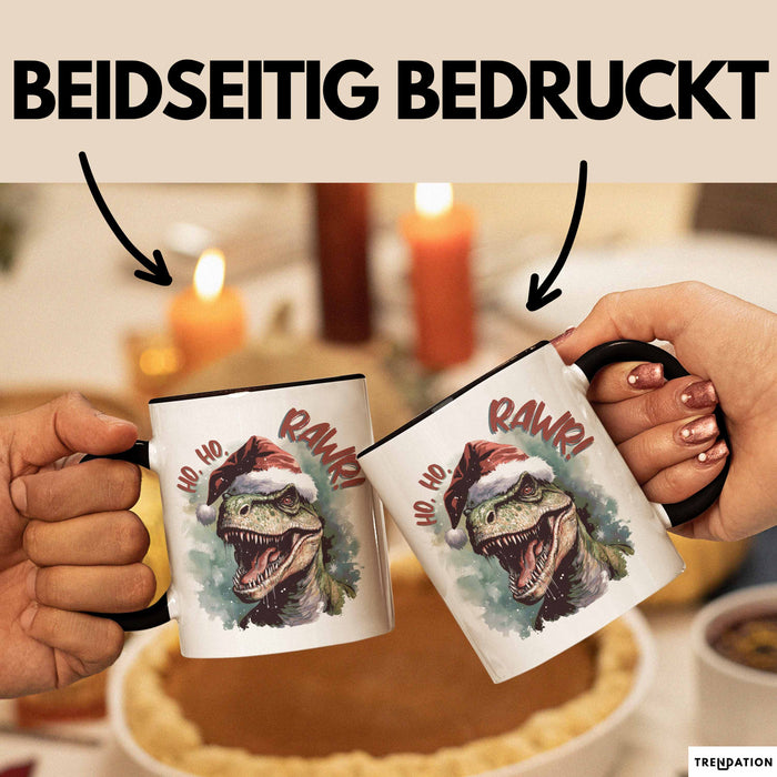 Weihnachten Tasse Dinosaurier Geschenkidee Ho Ho Rawr Jungs Jungen Geschenkidee Kaffeebecher Schwarz Trendation