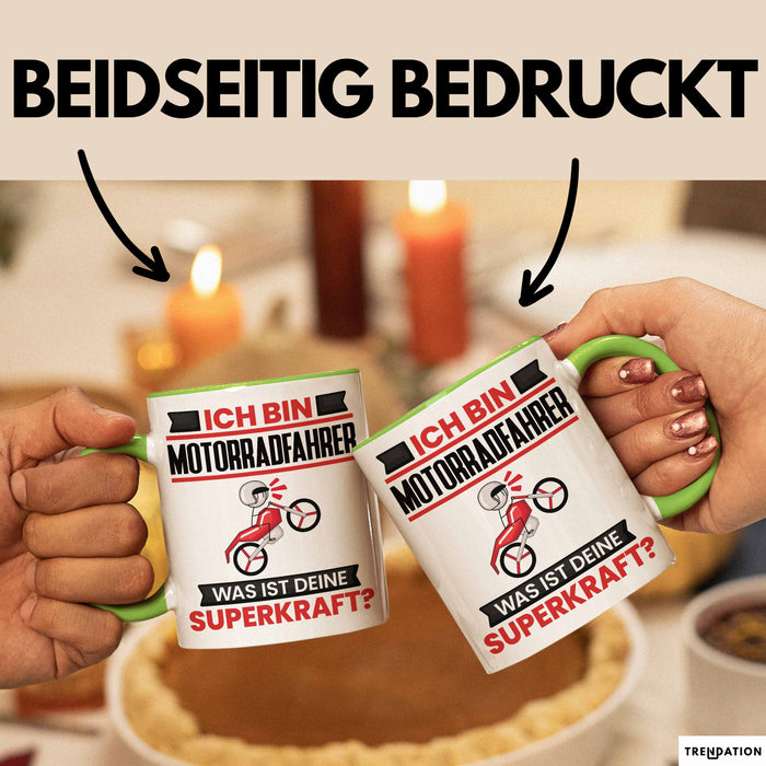 Motorradfahrer Tasse Geschenk für Motorradfahrer Geburtstag Lustiger Spruch Kaffee-Becher Was Ist Deine Superkraft Grün Trendation