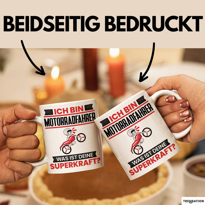 Motorradfahrer Tasse Geschenk für Motorradfahrer Geburtstag Lustiger Spruch Kaffee-Becher Was Ist Deine Superkraft Weiß Trendation