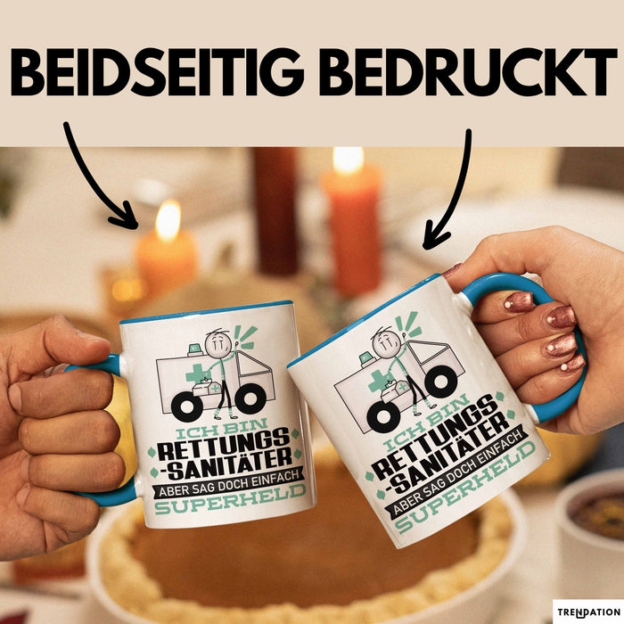 Rettungssanitäter Geschenk Tasse Ich Bin Rettungssanitäter Aber Sag Doch Einfach Superheld Lustige Geschenkdiee für Rettungssanitäter Kaffee-Becher Blau Trendation