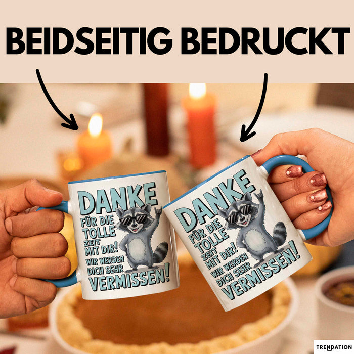 Büro Arbeit Kollege Tasse Becher Geschenk Lustige Geschenkidee Spruch Danke Für Die Tolle Zeit Mit Dir Wir Werden Dich Sehr Vermissen Blau Trendation