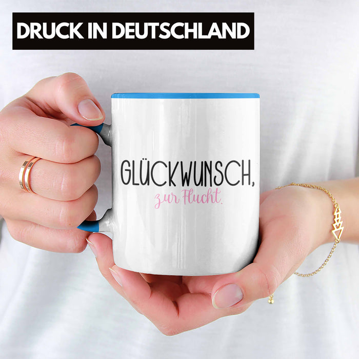 Trendation - Jobwechsel Tasse Geschenk Kollegin Kollege Lustig Abschiedsgeschenk Sprüche - Glückwunsch Zur Flucht Abschied Blau Trendation