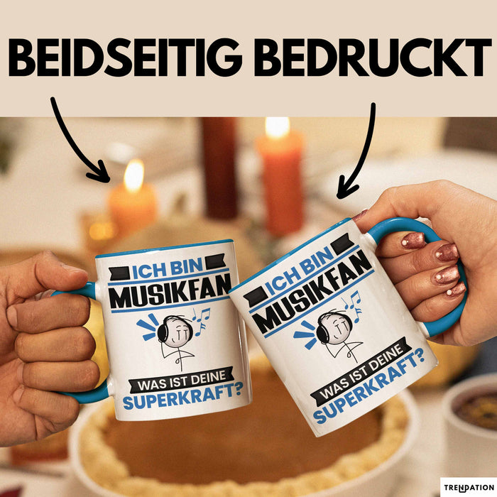 Musikfan Tasse Geschenk für Musikfan Geburtstag Lustiger Spruch Kaffee-Becher Was Ist Deine Superkraft Blau Trendation
