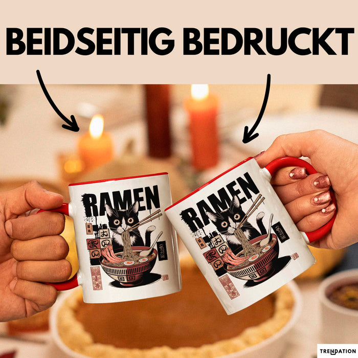 Katzen Tierliebhaber Tasse Geschenk Lustige Geschenkidee Spruch Katze Isst Ramen Nudeln Rot Trendation
