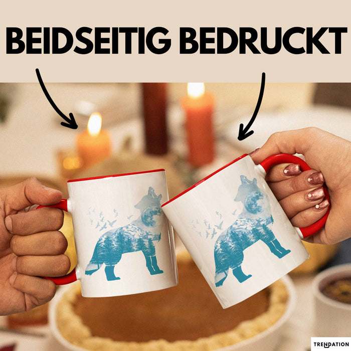Wolf Tasse Geschenk Heulender Wolf Vögel Mond Silhouetten Geschenkidee Lustig Rot Trendation