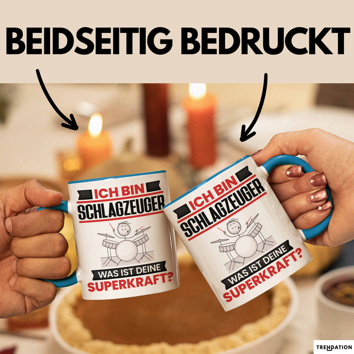 Schlagzeuger Tasse Geschenk für Schlagzeuger Geburtstag Lustiger Spruch Kaffee-Becher Was Ist Deine Superkraft Blau Trendation