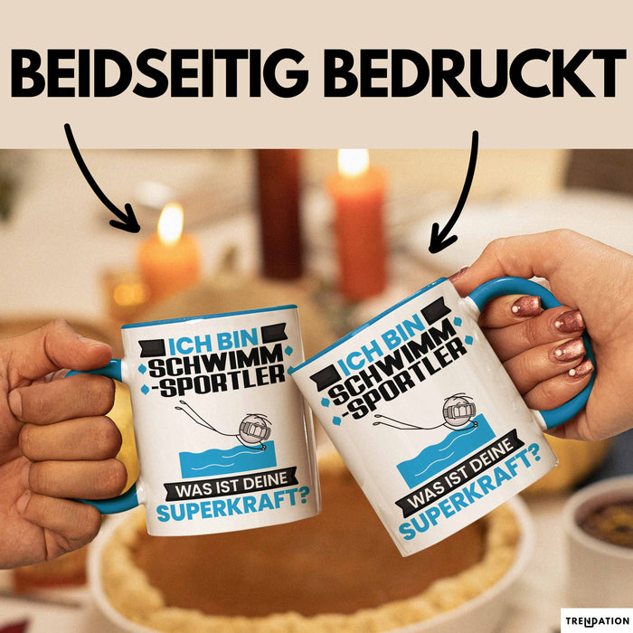 Schwimmsportler Tasse Geschenk für Schwimmsportler Geburtstag Lustiger Spruch Kaffee-Becher Was Ist Deine Superkraft Blau Trendation