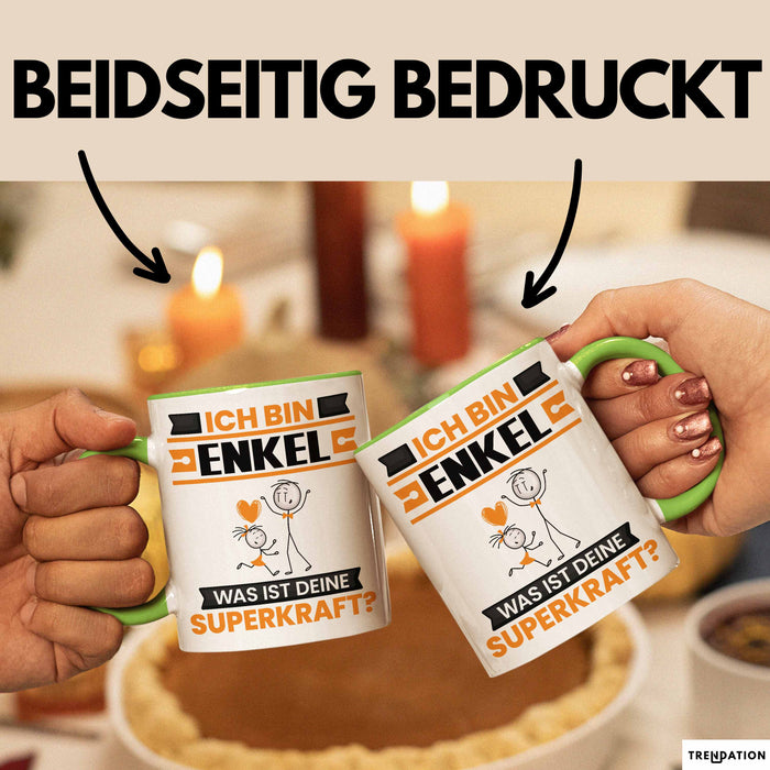 Enkel Tasse Geschenk für Enkel Geburtstag Lustiger Spruch Kaffee-Becher Was Ist Deine Superkraft Grün Trendation