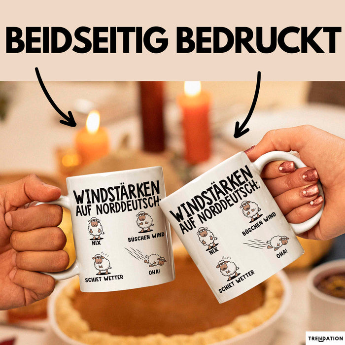 Schaf Tier Bauer Norddeutschland Tasse Becher Geschenk Lustige Geschenkidee Spruch Windstärken Auf Norddeutsch Weiß Trendation
