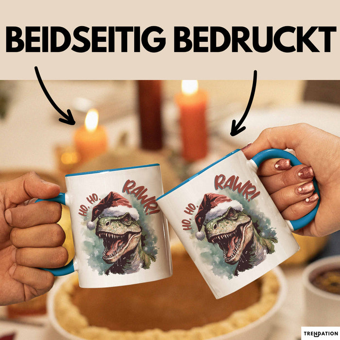 Weihnachten Tasse Dinosaurier Geschenkidee Ho Ho Rawr Jungs Jungen Geschenkidee Kaffeebecher Blau Trendation