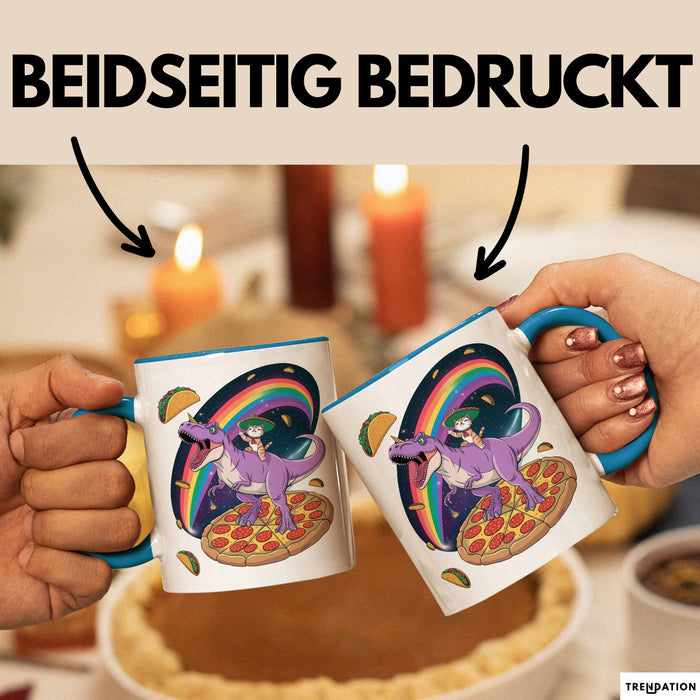 Katzen Tasse Geschenk Katze reitet Dinosaurier & isst Pizza Blau Trendation