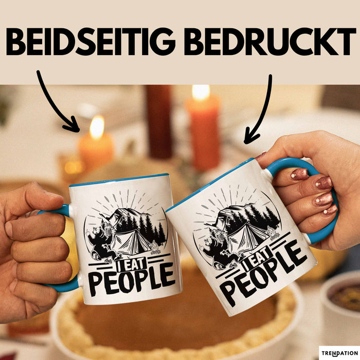 Camping Tasse Geschenk I Eat People Bär Kaffee-Becher Geschenkidee Camper Outdoor Blau Trendation