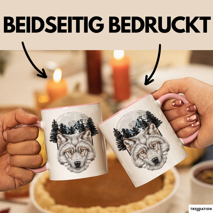 Wolf Tasse Geschenk Realistisch Berglandschaft Vollmond Geschenkidee Rosa Trendation