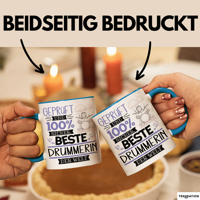 Beste Drummerin Der Welt Tasse Geschenk für Eine Drummerin Geprüft Und Sicher Geschenkidee Geburtstag Weihnachten Blau Trendation