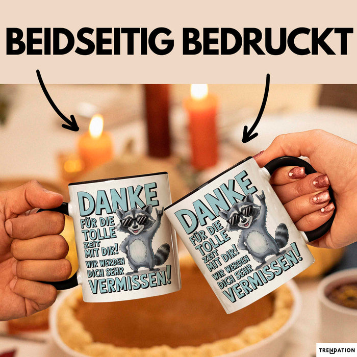 Büro Arbeit Kollege Tasse Becher Geschenk Lustige Geschenkidee Spruch Danke Für Die Tolle Zeit Mit Dir Wir Werden Dich Sehr Vermissen Schwarz Trendation