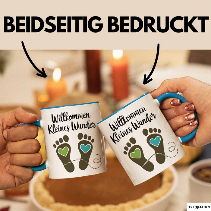 Baby Geburt Neue Eltern Tasse Geschenk Lustige Geschenkidee Spruch Willkommen Kleines Wunder Blau Trendation