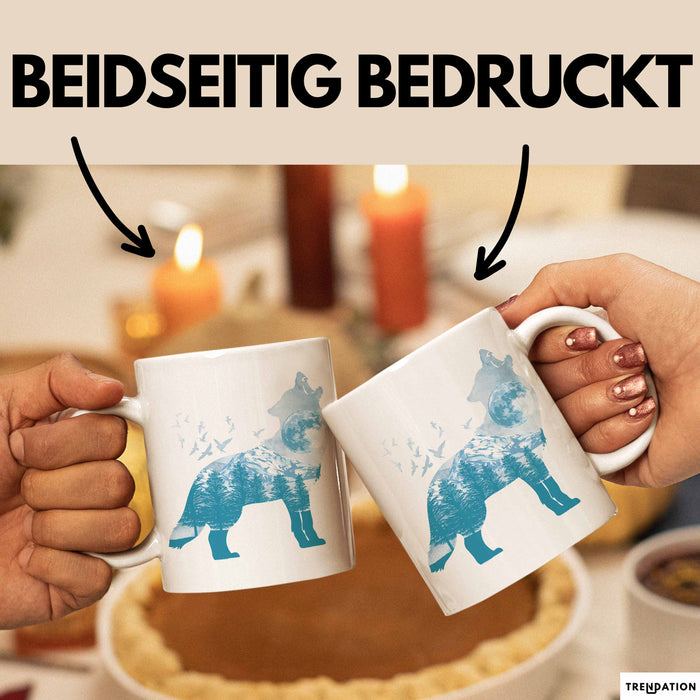 Wolf Tasse Geschenk Heulender Wolf Vögel Mond Silhouetten Geschenkidee Lustig Weiß Trendation