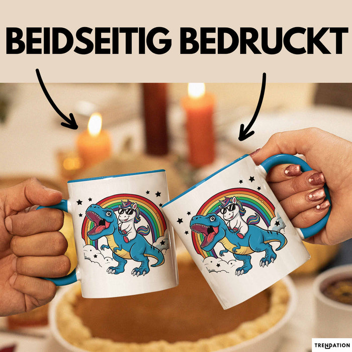 Einhorn Liebhaber Tasse Geschenk Einhorn Reitet Auf Dinosauriere T-Rex Dino Frauen Geschenk Blau Trendation