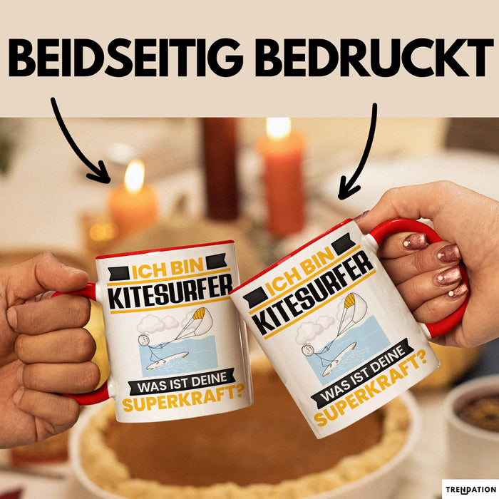 Kitesurfer Tasse Geschenk für Kitesurfer Geburtstag Lustiger Spruch Kaffee-Becher Was Ist Deine Superkraft Rot Trendation